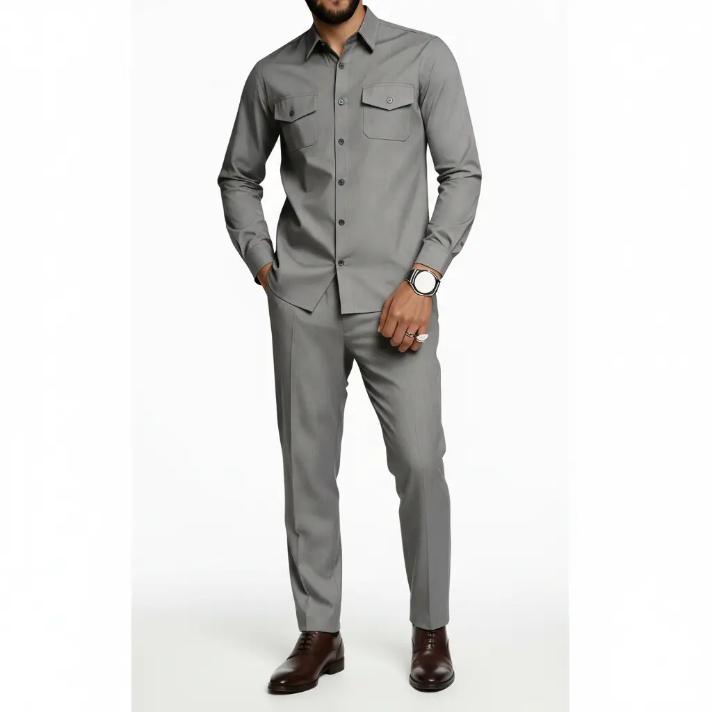 Men's c0019 2-Piece Chic Clothes Set, Plain Regular-Fit Menswear with Long-Sleeve Lapel Buttoned Shirt & Straight-Leg Stretch 100% Polyester Trousers, Casual Wear