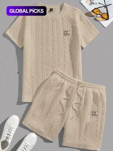 Men's Textured Knit Two-Piece Matching Set, Round Neck Short Sleeve Top & Drawstring Shorts, Summer Casual Streetwear