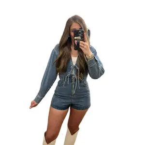 Long Sleeve Denim Romper - Bow Detail - Dark Denim Western Romper