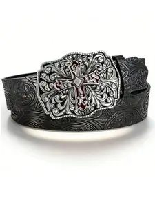 Men's Vintage Denim Belt, Styling Cross Belt, Cross Pattern Design, Durable Square Buckle, Suitable for Casual & Business Wear, Perfect Gift