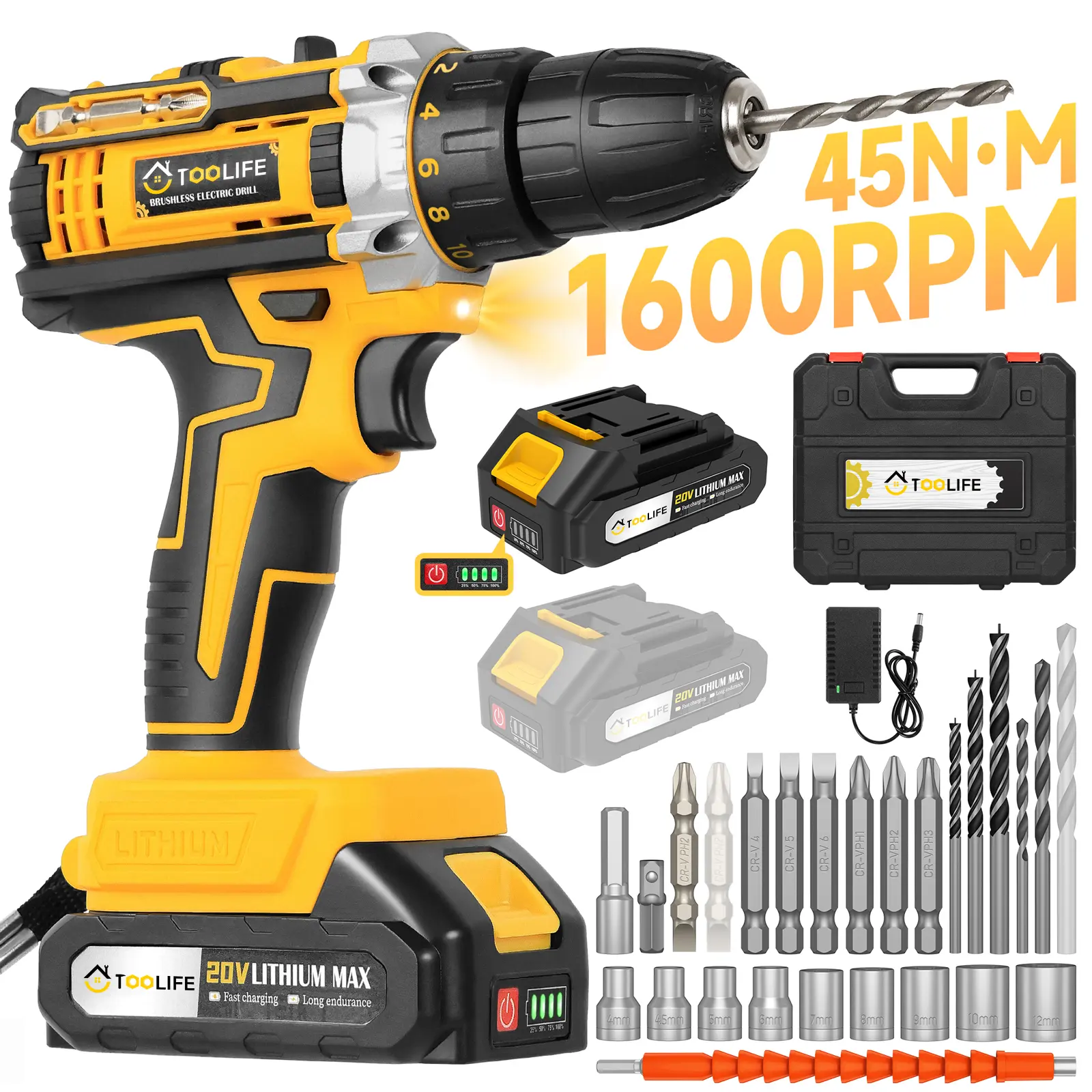 21V Cordless Drill Set Impact Drill with Battery And Quick Charger, Drill Set And Box, Pistol Drill Bit And Electric Screwdriver Function, Work Light Speed Control Torque Adjustment - Suitable for Automotive Home Maintenance | Christmas Gift