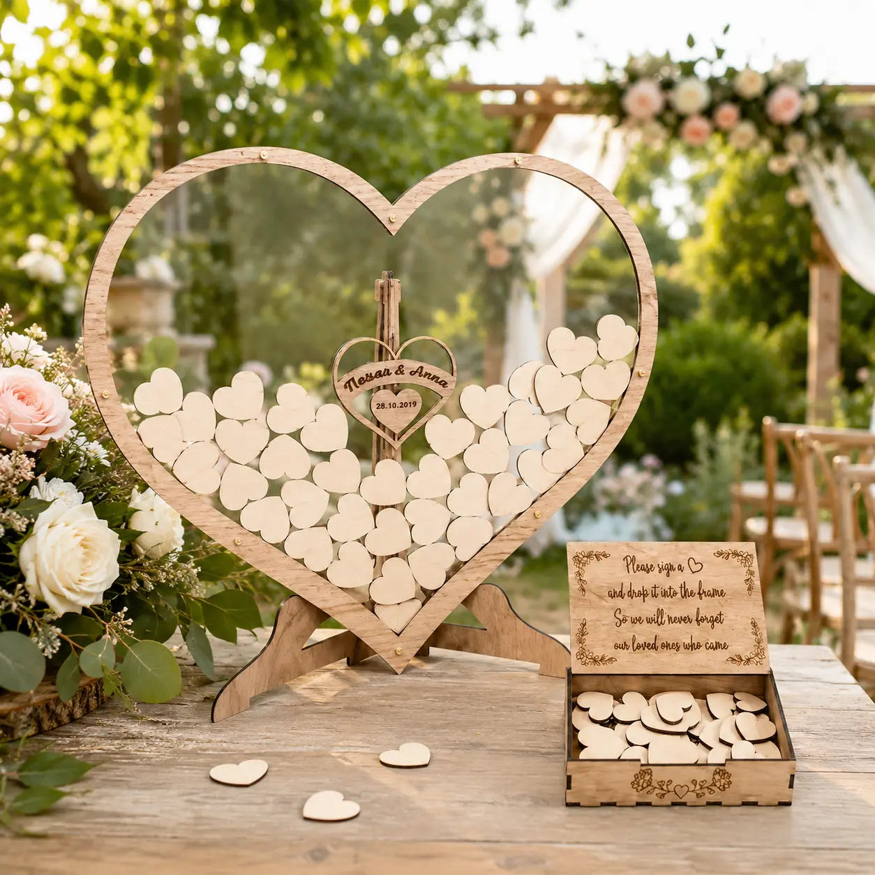 Traditional All-Seasons Solid Wood Heart-Shaped 1-Piece Wedding Signature Keepsake Gift Box - Home Decor Photo Frame Stand, Clasp Closure, No Unique Guest Book Alternative, Memory Display Home Supply