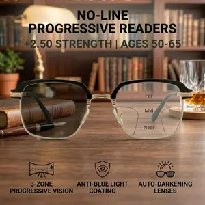 +2.50 No-Line Progressive Readers | 3-in-1 Multifocal, Photochromic & Anti-Blue Light (Fits +2.25 to +2.75)