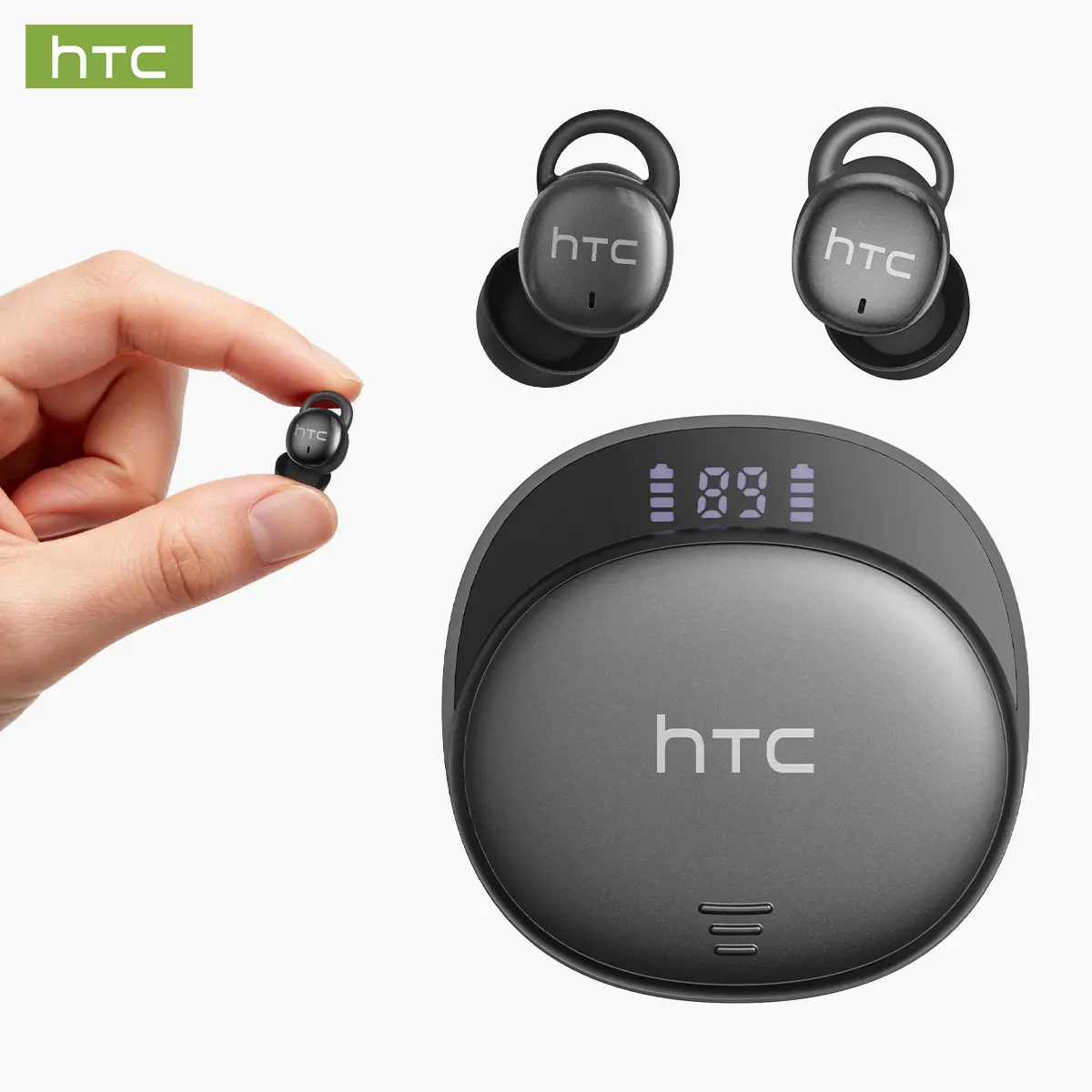 HTC NE97 wireless sleep earbuds with Bluetooth 6.0; specially designed for side sleepers with a compact, discreet, and comfortable fit; includes built-in white noise to aid in falling asleep quickly and improving sleep quality.