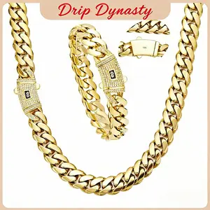 14K Gold-Plated Cuban Chain Set for Men – Hypoallergenic Anti-Rust Waterproof 6-14mm Miami Hip-Hop Style Gift for Valentine’s Day party u shape star stainless steel link bracelet sophisticated amberlyn chain necklace Coraline Charms and Key Necklace name,