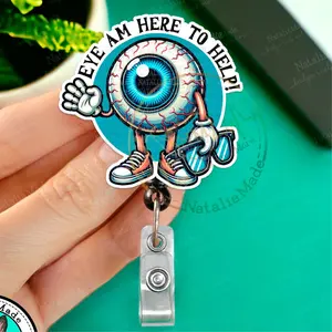 Eye Am Here To Help Retractable Badge Reel- Funny Optometry ID Badge Holder for Ophthalmologists, Nurses, Healthcare Workers, Teachers- Eye Am Here To Help