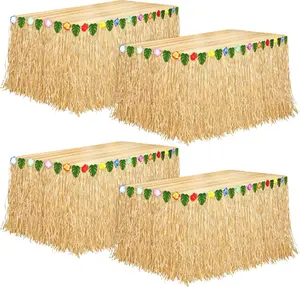 4 Pack 108 x 30 Inch Straw Luau Grass Table Skirt, Hawaiian-themed Decoration for Tropical Summer Theme Party Decorations Supplies