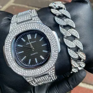 Ice Out Black King Dial Men Hip Hop Bling Watch Bracelet