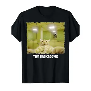 Cat in The Backrooms Meme T-Shirt -  Cotton Round Neck Short Sleeve Casual Tee with Humorous Cat Design, Black with Yellow & White Print, Perfect for Casual Attire, Cat Tshirt