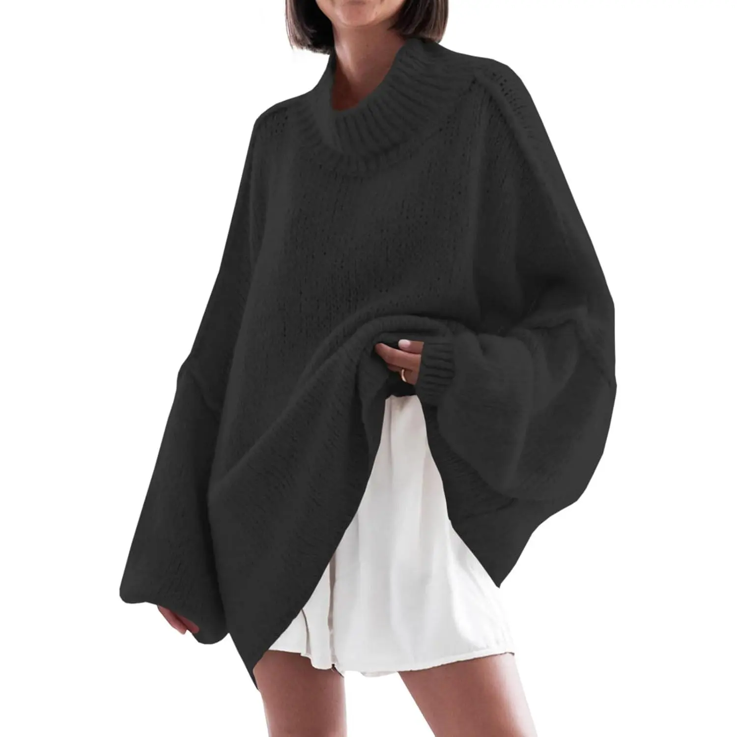 PALSTER Womens Oversized Sweaters Mock Neck Batwing Long Sleeve 2024 Fall Trendy Ribbed Knit Casual Tunic Sweater