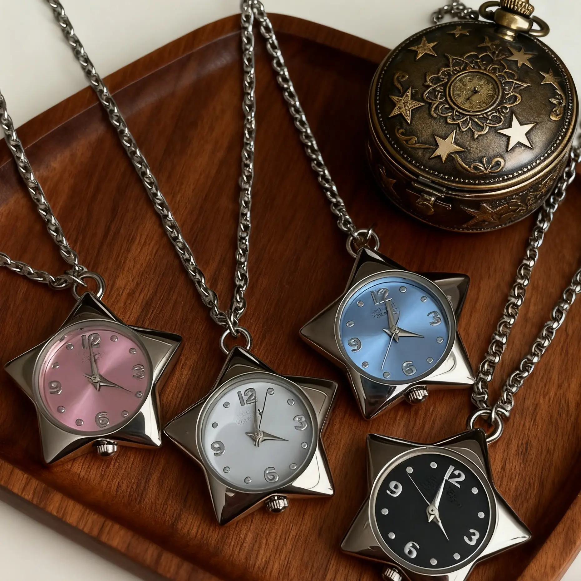 Original  Watch Necklace with Heart-shaped Vintage Gemstone - Unique Five-point  Couple Pendant Collarbone Chain Star Hypoallergenic Stainless Steel