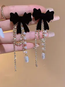 Bowknot Design Earrings, Faux Pearl Decor Earrings, High Quality Earrings, Elegant Jewelry for Women, Trendy All-match & Exquisite Jewelry for Birthday Gift, Teardrop Earrings