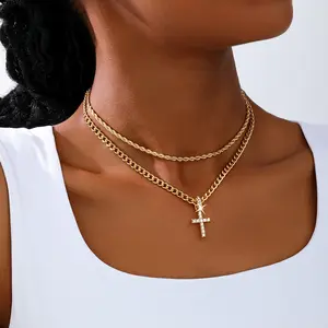 European and American Style Double Layer Cross Cuban Link Necklace, Long Layering Clavicle Jewelry for Autumn Rappers, Hip Hop Fashion Accessory name