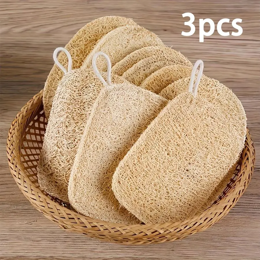 3pcs Double-Layer Natural Loofah Exfoliating Sponges for Shower & Bath - Gentle Body Scrubber Body Wash Sponge for Men And Women, Expandable Plant Fiber, Exfoliating Tool, Ideal for Kitchen/Bathroom Cleaning, African Bath Sponges