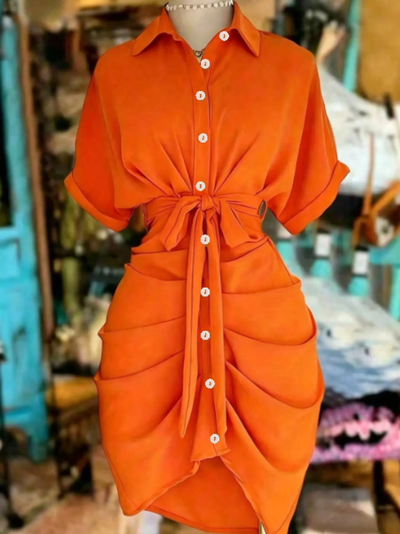 Summer Women's Dress, Collared Single Button Tie Waist Short Sleeve Shirt Dress, Elegant Plain Fitted Dress, Unlined Lightweight Design, Chic