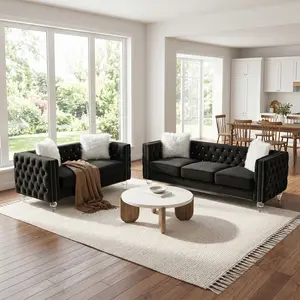 HIPIHOM Luxury Black Velvet Sofa Set - Elegant Tufted Chesterfield Loveseat & 3-Seater Couch, Nailhead Trim, Clear Acrylic Legs, Comfort Cushioning with Fluffy Pillows, Premium Living Room Furniture for Home Decor.