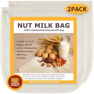 2 Pack 12"x12" Nut Milk Bags 100% Unbleached Cotton Cheesecloth Strainer Washable Reusable Tea Yogurt