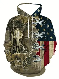 Men's deer and American flag print hooded long sleeve sweater, fashionable and casual, suitable for autumn and winter, men's clothing, Sweatshirts, Hoodies, Menswear