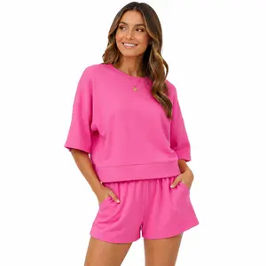 Womens 2 Piece Tracksuit Set – Oversized Cropped Sweatshirt & High Waist Running Shorts, Casual Summer Sportswear