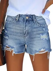 Women's High-Waisted Stretchy Distressed Ripped Stretch Denim Shorts - Fitted, Comfortable Fabric, 1-Piece Casual Fashion Summer Bottoms
