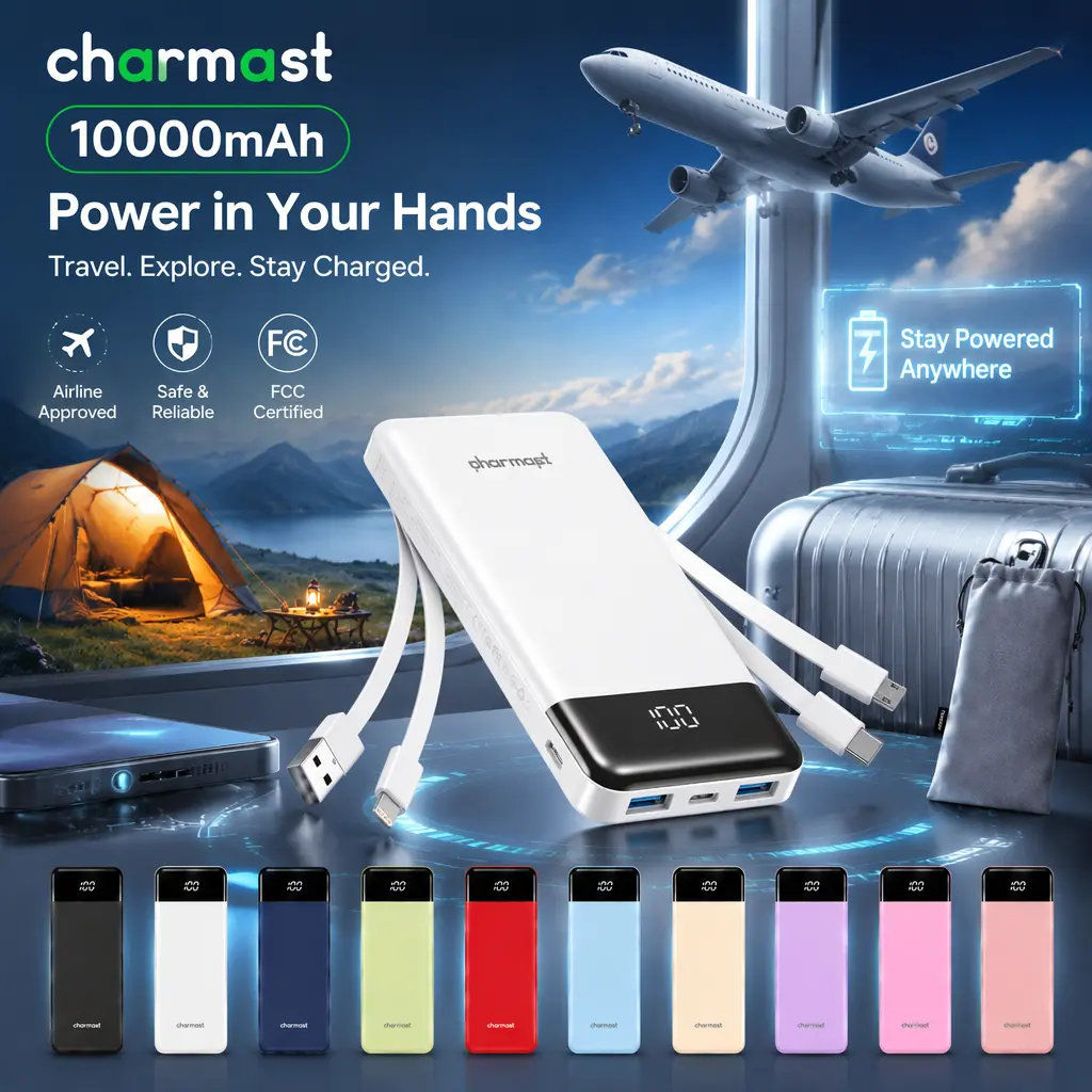 Charmast 10000mAh Portable Charger & Slim Power Bank – Built-in Cables, 6 Outputs & 3 Inputs, 6A Fast Charging Travel Battery Pack for Smartphones, Phones & Tablets