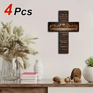 Vintage Wooden Wall Hung Cross  "The Last Supper" with Handmade Wooden Christ Logo, 8x12 Inches, Used for Indoor Living Room Decoration on Christmas, Halloween, Easter, Thanksgiving