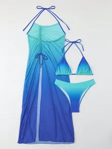 Women's 3pcs Ombre Drawstring Ruched Halter Bikini Set, Tie Back Split Swim Dress & Triangle Wireless Swim Top & High Cut Swim Bottom, Summer Beach Holiday Vacation Swimwear Set for Women