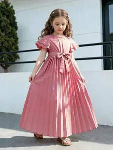 Girls Pleated Dress, Ruffle Sleeves, Round Neck High Waist, Belted Bow, Long Flared Hem, Elegant Princess Style, 3-8 Years