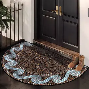 Vintage Mosaic Pattern Half Round Welcome Mat, Velvet Fabric, Durable Washable Rug, Home Decorative Rug for Home and Garden Decor