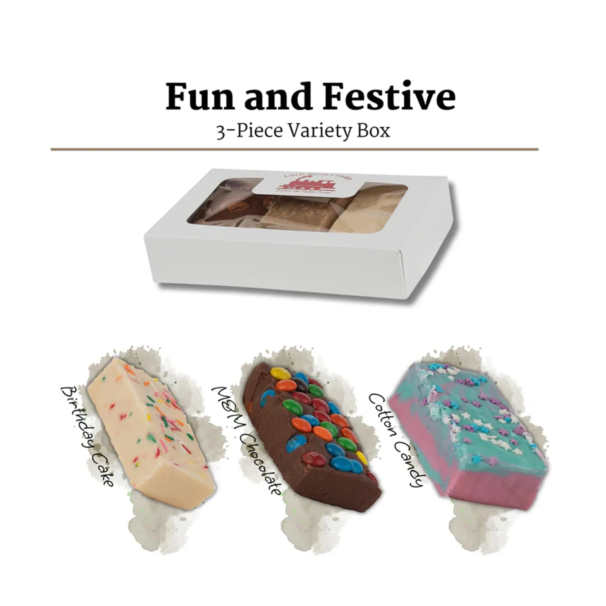 Uncle Butch's Fun & Festive Fudge Variety Pack - Decadent Birthday Cake, M&M Chocolate, and Cotton Candy - Made with Real Butter - Delicious Candy Treat for Dessert, Snack or Party Favor - Festive Trio of Fudgy Goodness - Ships Fresh Daily - 24oz
