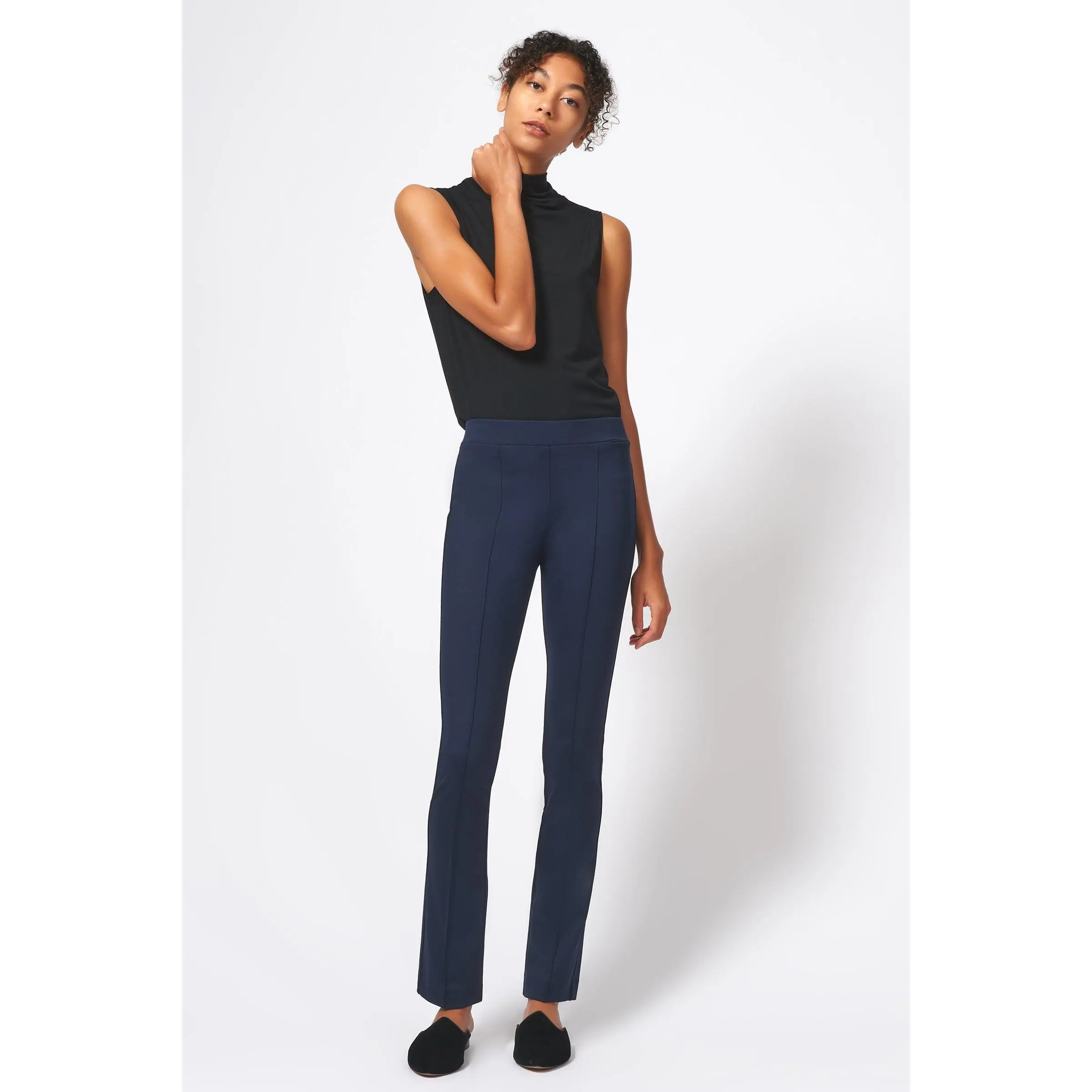 Pintuck Ponte Straight Leg Pant - Navy