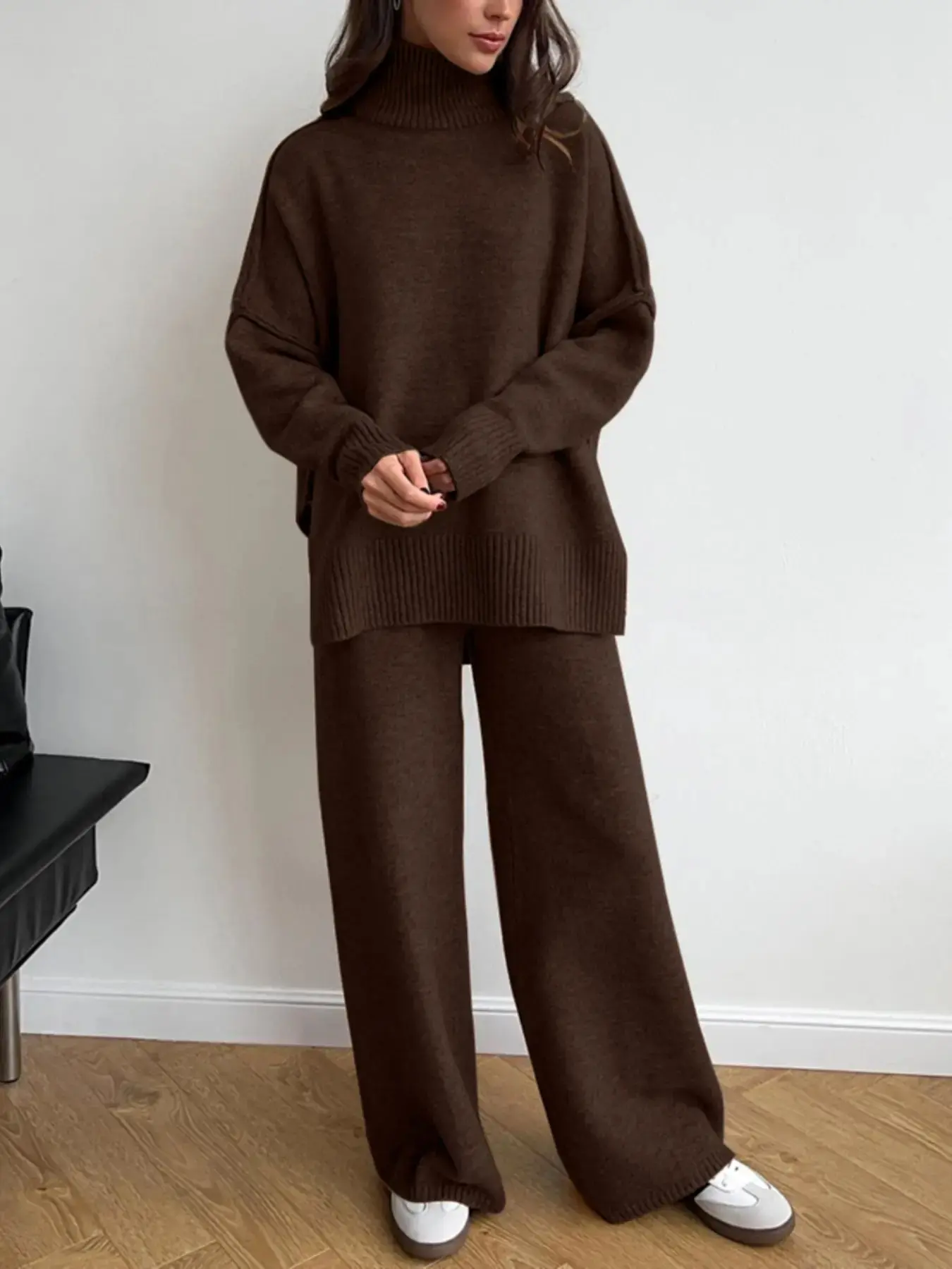 Women's 2 Pcs Solid Color Sweater Set for Autumn Winter, Long Sleeve Turtle Neck Turtleneck Drop Shoulder Pullover Sweater and Wide Leg Pants, Women's Fall Outfits, Casual Loungewear Set Womenswear