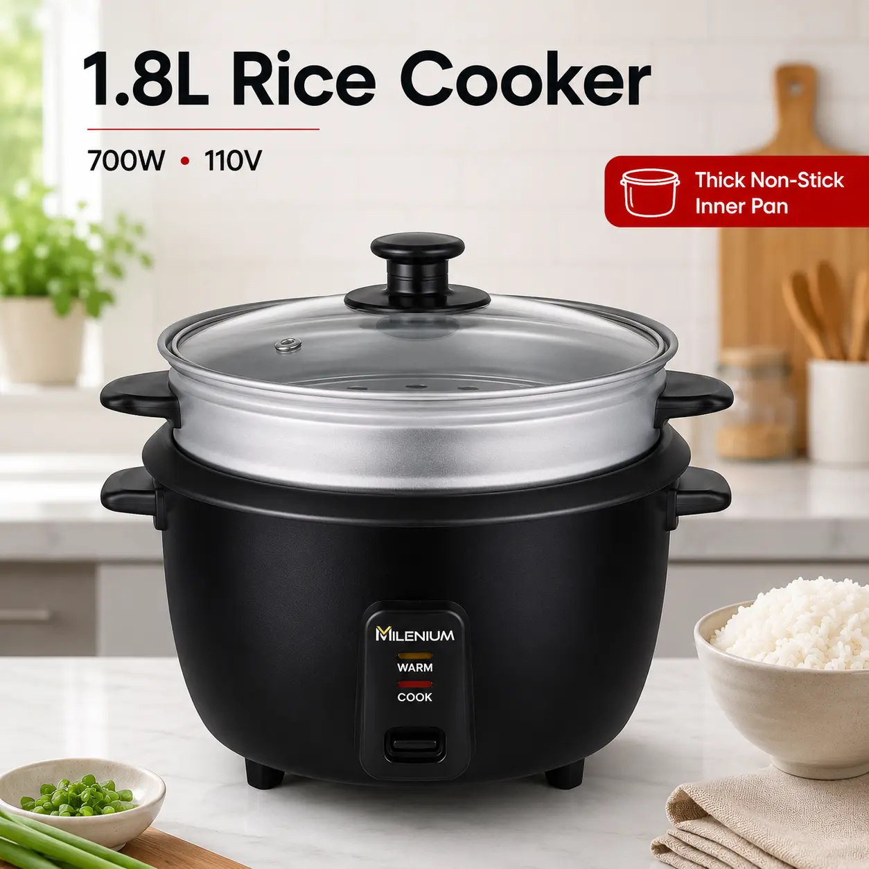 1.8L Rice Cooker with Steamer, 700W Electric Rice Cooker, Non-Stick Inner Pot, Keep Warm Function, Rice Cooker for Home Kitchen