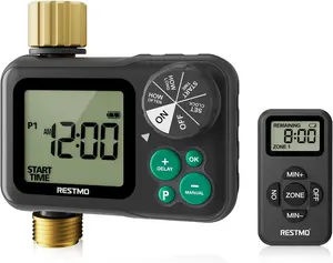 RESTMO Remote Control Brass Sprinkler Timer for Outdoor Hose Faucet, Up to 11h59m Programmable Watering Timer for Soaker Hose, Misting with Large Dial, Rain Delay/Manual/Automatic Irrigation System summergarden