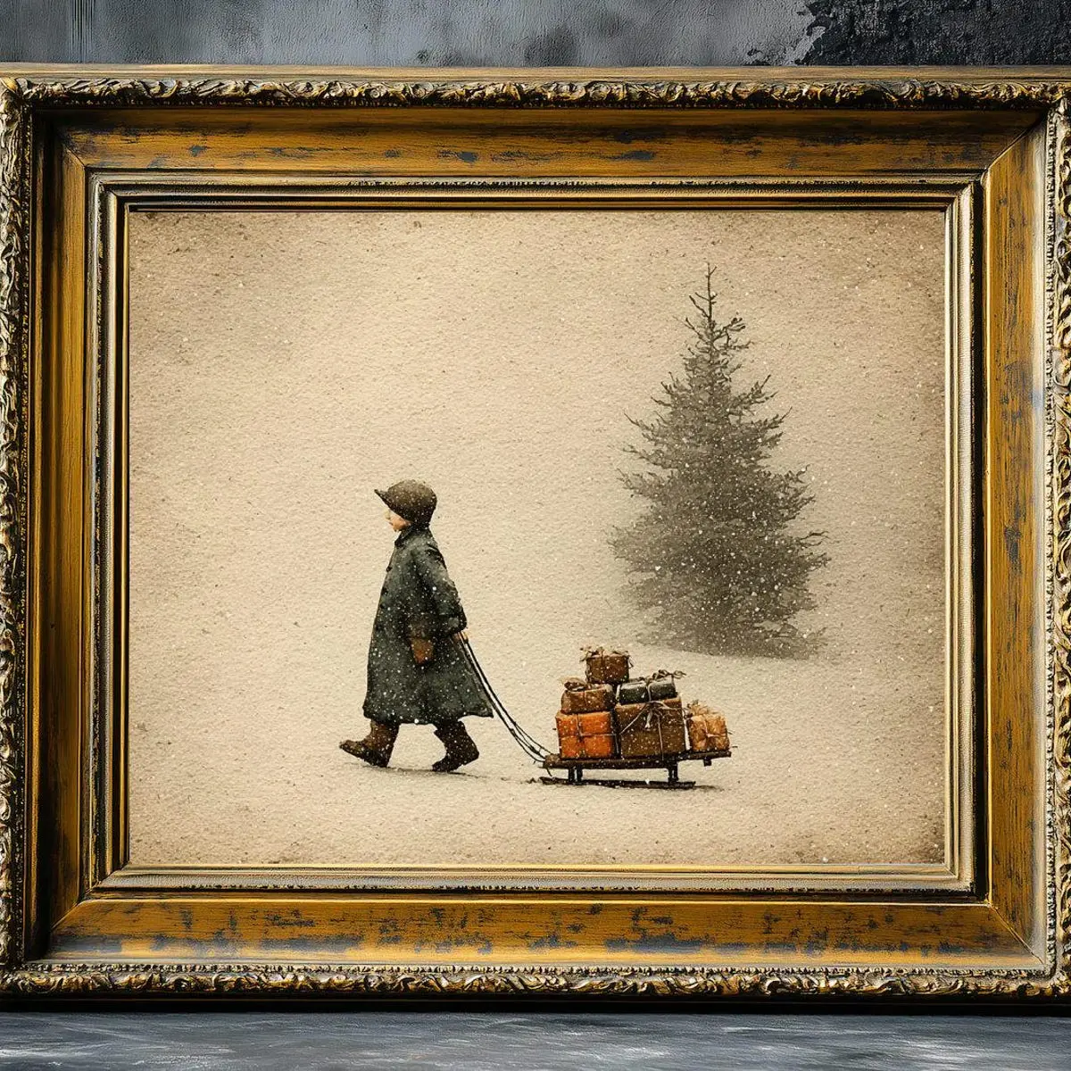 Dark Moody Christmas Art, Vintage Boy Pulling a Sled with Gifts Print, Rustic Christmas Decor, Farmhouse Wall Art, Dark Aesthetic Decor Illustrations Matte