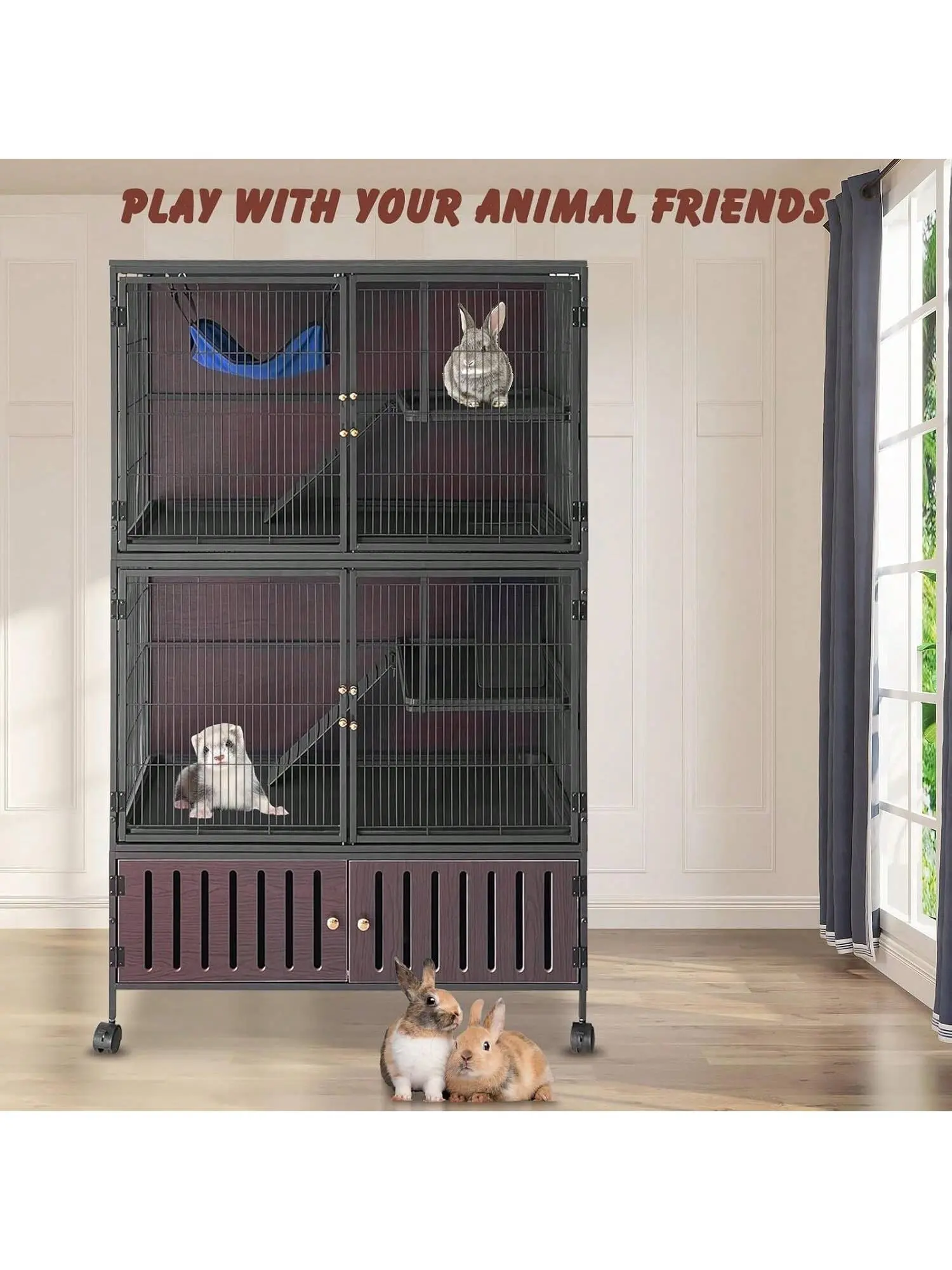Gaomon 60-in High Wire Metal Safety Enclosure Kennel Cage - 5-Tier Multi-Level Metal+Wood Habitat with Wheels, Lockable Doors, Ramps, Hammock, Storage Cabinets, Easy Assembly for Ferret, Chinchilla