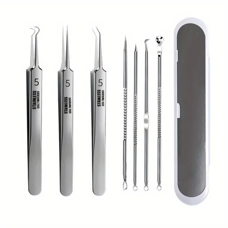 7pcs 1set Acne Blackhead Removal Needles Pimples Blackhead Clip Tweezers Black Head Pore Cleaner Deep Cleansing Tool Face Skin Care Tool
