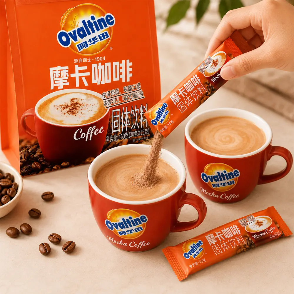 Ovaltine Mocha Instant Coffee Mix, 30 Single Serve Sticks, Rich Chocolate Coffee Drink Powder, Creamy Mocha Flavor Coffee Packets, Easy Hot or Iced Coffee for Home Office Travel