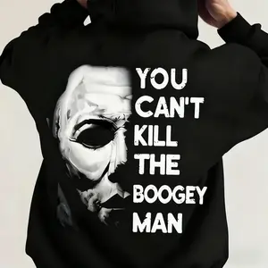 Men's black Friday horror movie pattern hooded sweatshirt, Michael Meyers' "You Can't Kill the Devil" print, comfortable, warm, soft and breathable, a casual spring and autumn sweatshirt suitable for Halloween costumes and daily wear Oversize Outfit