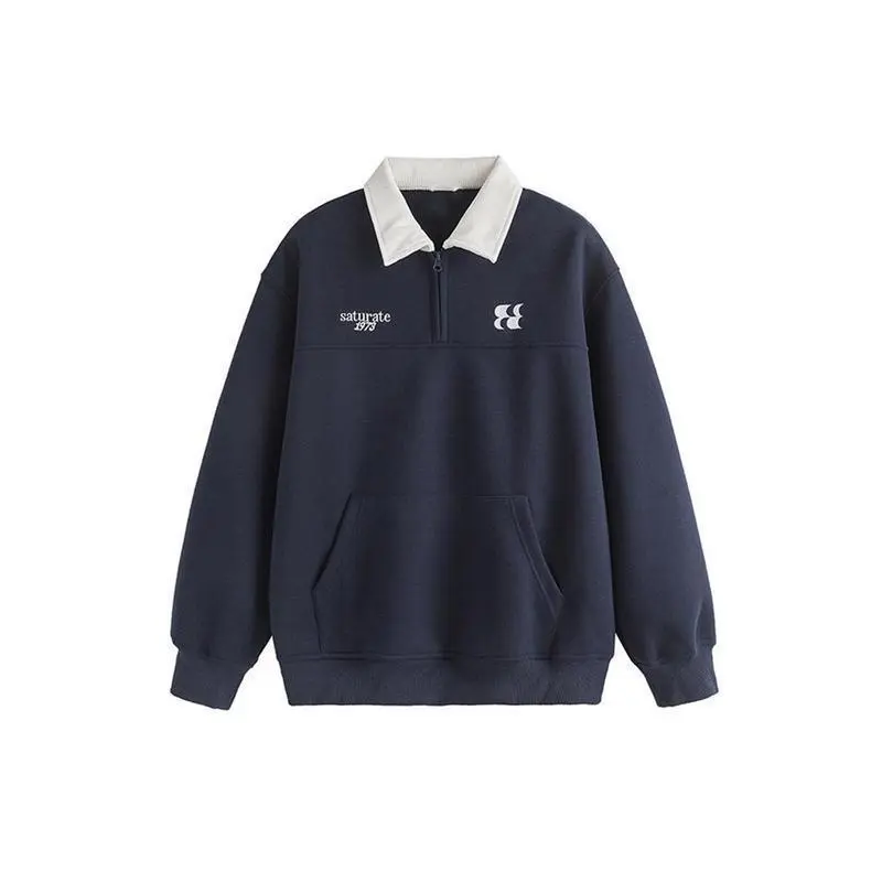 Heavy Polo Collar Sweater Men's Fashion New Letter Embroidery Contrast Color College Style Sports Lapel Top Clothes long sleeve