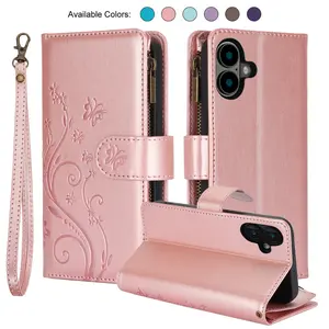 HISTORYOO For iPhone 17 Pro Max Air 17 16 15 14 Plus 13 12 Pro Phone Case Lanyard Cute Floral Embossed Butterfly Wallet Wrist Strap 6 Card Slots Standing Function Zipper Pocket Soft PU Leather Flip Fold Stand Magnetic Closure Protective Cover Women Girls