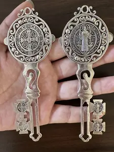 2PCS Enamel Double-Sided St. Benedict Key Pendant 12x5 Cm, Protective Medal for Home & Door Decoration, Stylish Religious Decor, Ideal Catholic Easter Gift