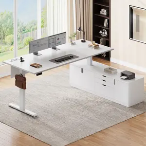 SEDETA Executive L Shaped Electric Standing Desk, 71" x 55.1" Height Adjustable Executive Desk with 3 Drawers and Cabinet, Sit Stand Up Home Office Desk with Power Outlets & Side Hook