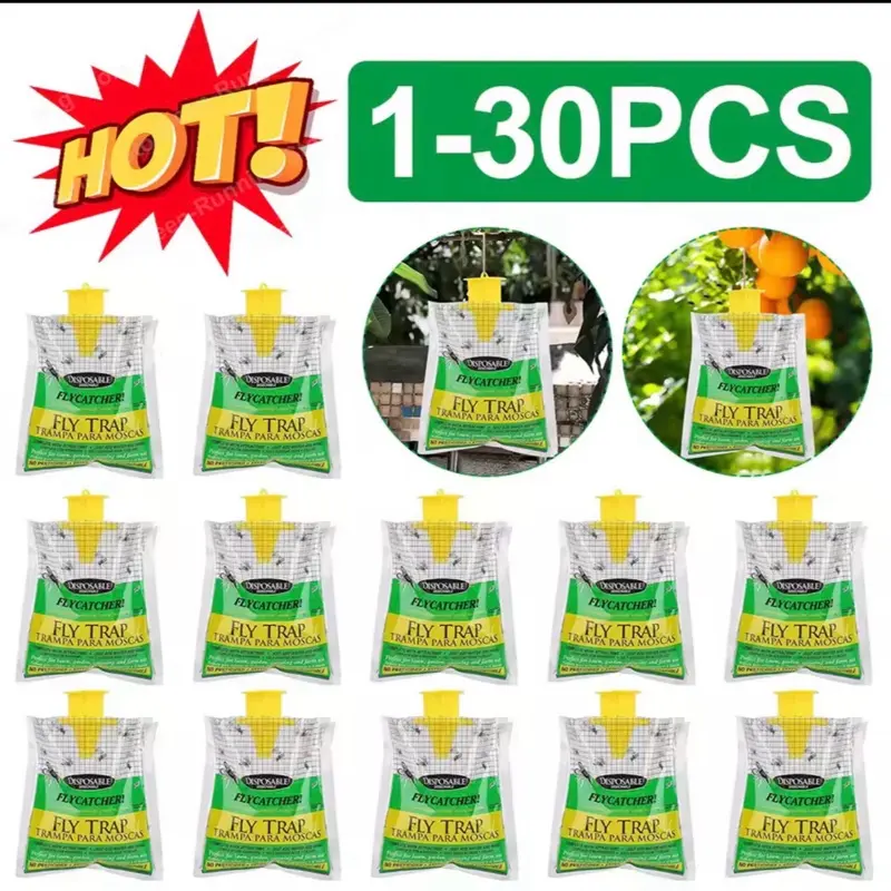 Flytrap Bright Yellow + Blue Disposable Outdoor Fly Trap Bag - Chemical-Free, Water-Ready, Strong Attractant, Fast-Acting, High Catch Rate, High Capacity, Easy-to-Hang Pest Control (1-30 Packs) for Backyard, Garbage Area - Ideal for Farms, Markets, Dispos