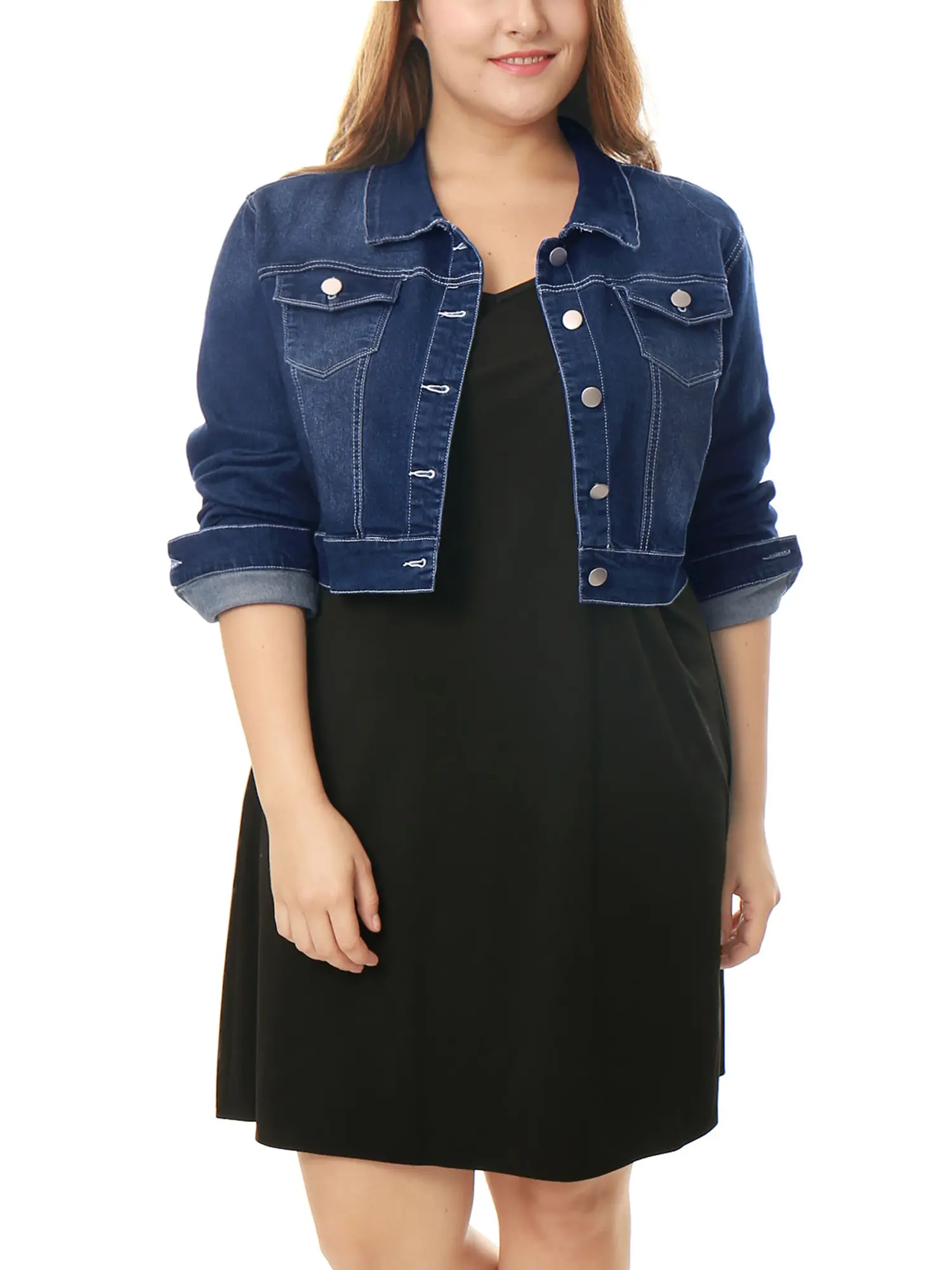 Agnes Orinda Women's Plus Size Button Closed Cropped Cotton Denim Jacket