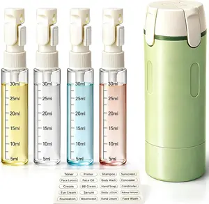 4 in 1 Travel Dispenser Bottle with Scale Label, TSA Approved Leak Proof Refillable Toiletry Containers for Shampoo, Conditioner, Lotion & Skincare – Easy Clean Travel Bottles for Gym, Business