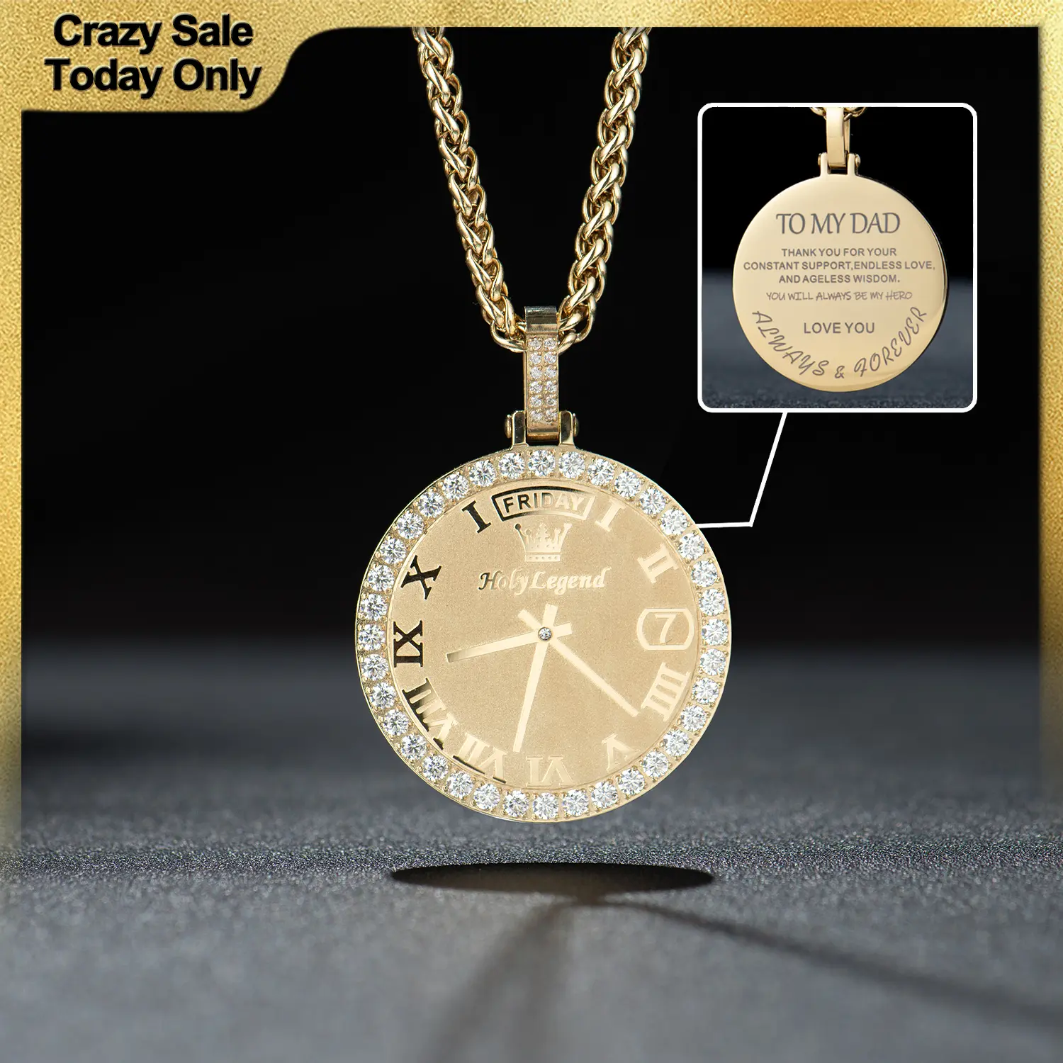 Holylegend 14K Real Gold Plated Watch Pendant Necklace with “To My Dad” Engraving, CZ Accented Classic Timepiece Design, Meaningful Gift from Parents to Son,Father's Day Gift