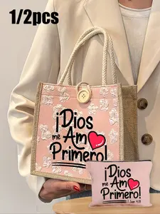 'Me Amo Primero!' Faith-Based Linen Tote Bag Set,With Matching Pouch, Multi-Purpose For Daily Shopping, Church Events & Travel, Large Capacity Shoulder Bag, For Gifting Relatives And Friends,Ramadan Gifts, Easter Gifts, Valentine's Day Gifts