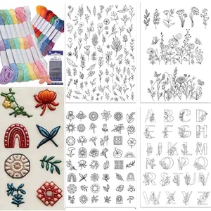 4 Sheets Preprinted Embroidery Pattern Paper | Self-Adhesive Water Soluble Stabilizer Kit with Floral, Botanical & Alphabet Designs, Complete with Embroidery Floss, Embroidery Thread, Needles and Embroidery Patch for DIY Handmade Craft Supplies