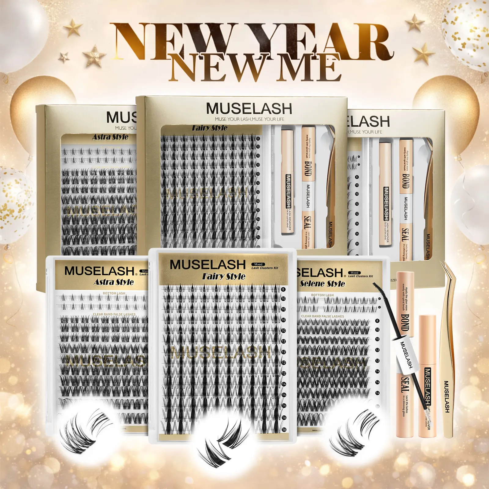 MUSELASH Selene D Curl Eyelash Clusters, Long-Lasting & Waterproof Degradable Lashes, Complete Kit with Bond, Seal, Remover & Tweezers